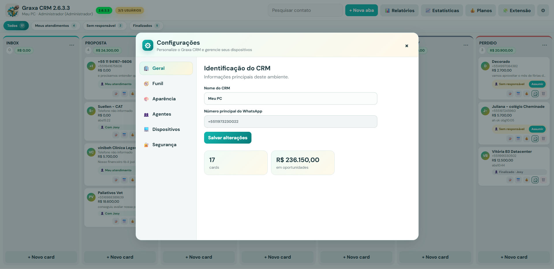 Modal de configuracoes do Graxa CRM
